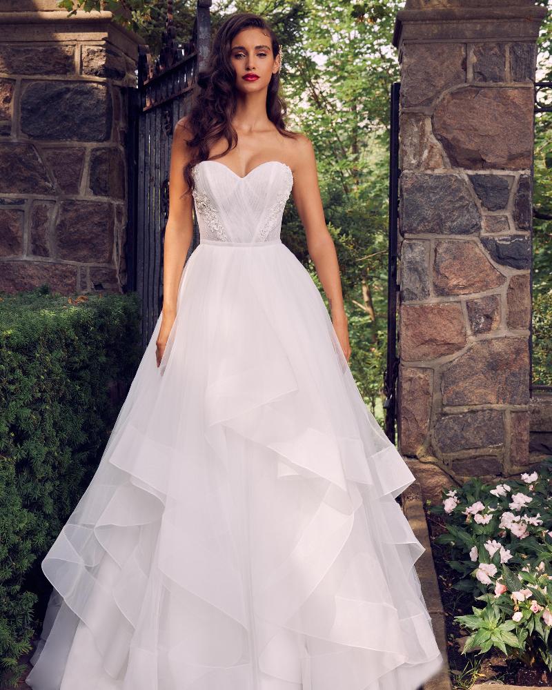 La22112 layered tulle ball gown wedding dress with ruffles and detachable long sleeves5